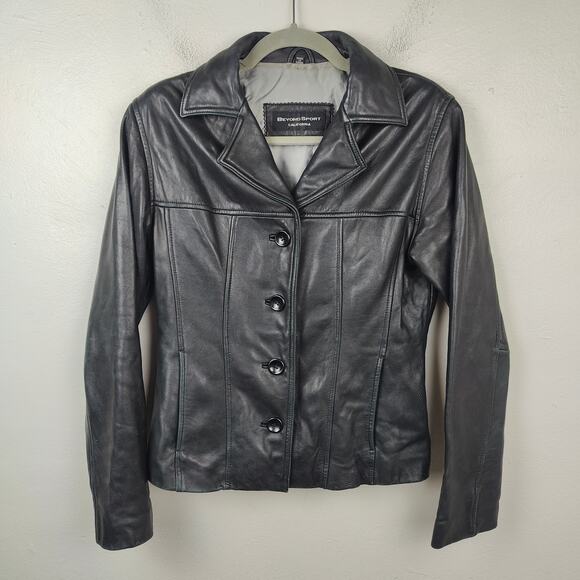 Vintage 90s Beyond Sport California Leather Jacket Womens Small Black Button Up - Picture 1 of 10